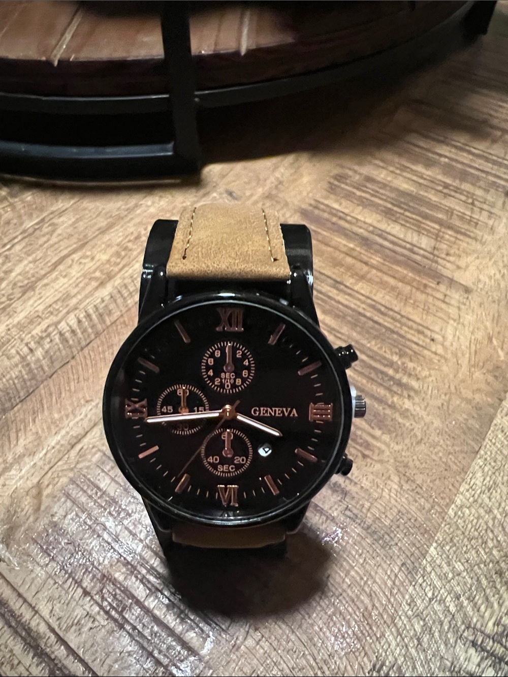 Geneva Men's Black Dial Watch with Tan Leather Strap